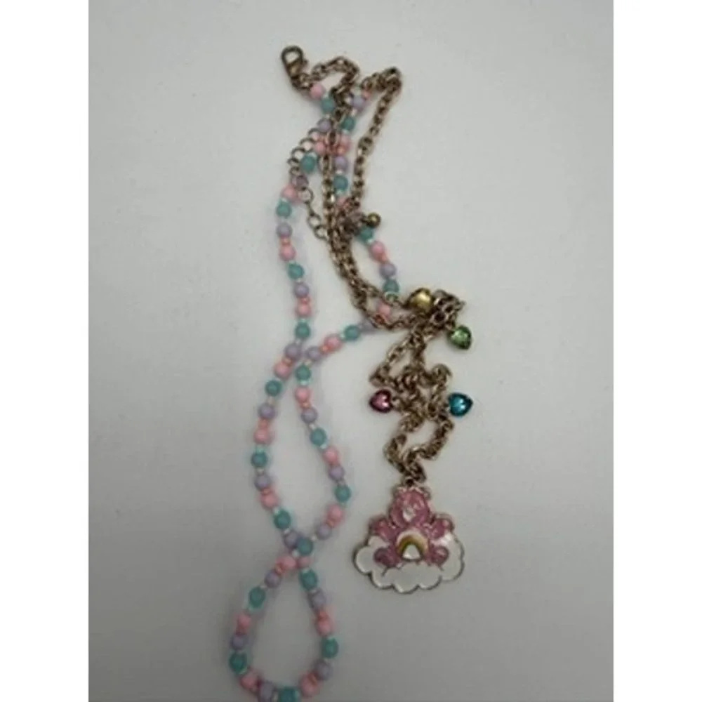 Care Bears Necklace Set Girls OS Pink Gold Excellent Cheer Bear Beaded Heart